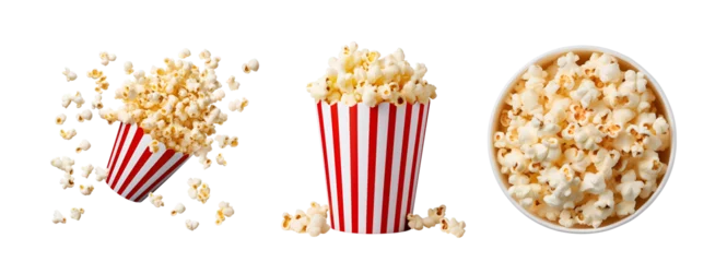 Foto op Plexiglas Set featuring top and side view of popcorn bucket with popcorn taking flight, Isolated on Transparent Background, PNG © Only Best PNG's