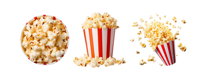Popcorn bucket in top and side view set with airborne popcorn, Isolated on Transparent Background, PNG