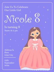 invitation card. 8 princess birthday invitation, princess party, little princess, turns eight