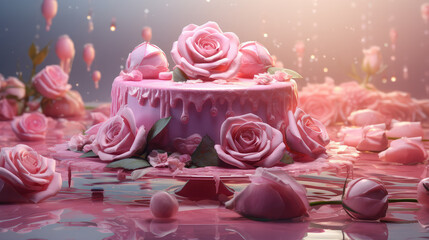 Rose cake in a charming pink environment, perfect for Valentine's Day or any special occasion. Romance and Sweetness.
