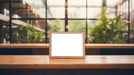 Digital tablet with transparent screen mockup on wooden table in library