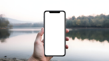 iPhone with transparent screen in hand mockup, lakeside scenery background