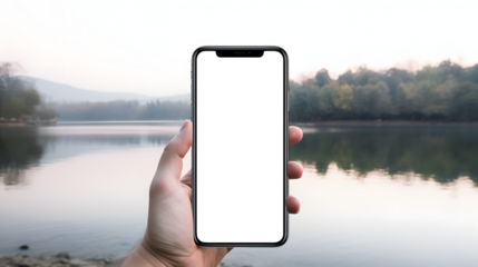 iPhone with transparent screen in hand mockup, lakeside scenery background
