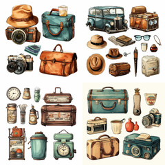 bag, leather, suitcase, travel, luggage, vintage, icon, box, business, icons, briefcase, vector, object, illustration, old, case, brown, handle, retro, design, purse, antique, fashion, set, accessory