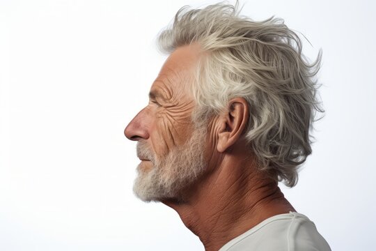 profile view of old senior wringle face man Mature man portrait shot on white background senior male man portrait