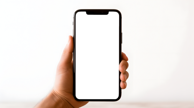 iPhone mockup with transparent screen in hand, abstract art gallery backdrop