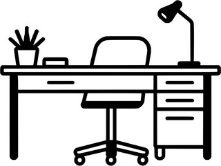 Office Desk Vintage Outline Icon In Hand-drawn Style