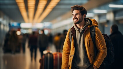 happiness carefree travel male man  walking relax casual cloth hand gesture greeting positive facial expression while walking in airport terminal or train station travel concept - obrazy, fototapety, plakaty