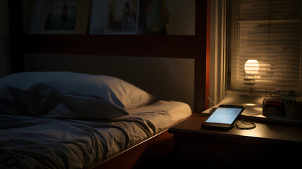 iPhone on bedside table in a dimly lit bedroom