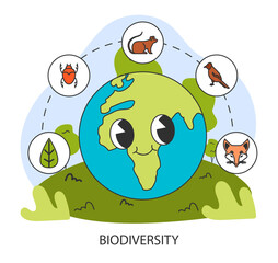 Obraz premium Biodiversity. Planet Earth retro cartoon character. Interconnected nature, fragile ecosystem. Wildlife and environment, flora and fauna. Animal habitat saving idea. Flat vector illustration