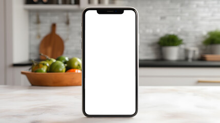 iPhone mockup with transparent screen on kitchen counter, home cooking background - obrazy, fototapety, plakaty