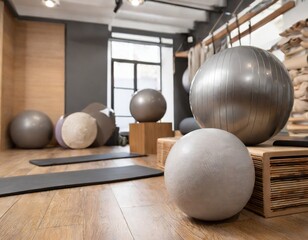 Fitness Studio Space. Neatly Organized Space with Yoga Balls and Pilates Equipment