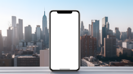 iPhone with transparent screen on rooftop ledge mockup, city skyline view