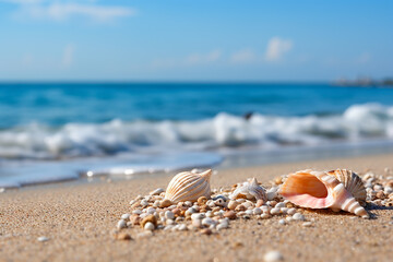 Fototapeta na wymiar sea summer background with seashells and sand with space for text