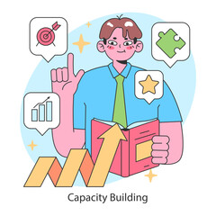 Capacity building. Enthusiastic man showcases personal growth, achievements and problem-solving skills. Strengthening of professional abilities and qualification. Flat vector illustration.