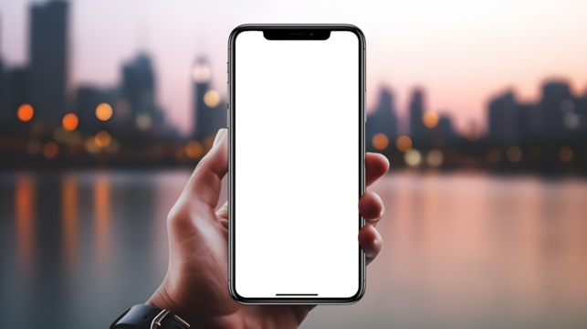 Smartphone mockup with transparent screen in hand, vibrant cityscape background