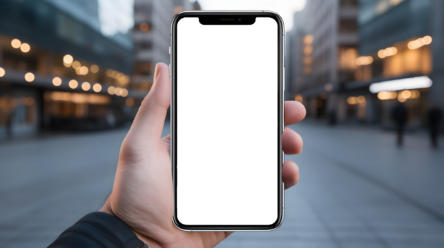 Smartphone mockup with transparent screen in hand, vibrant cityscape background
