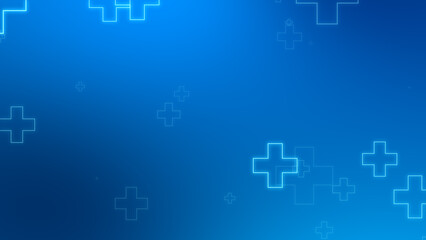 Medical health blue cross neon light shapes pattern background. Abstract healthcare technology and science concept.