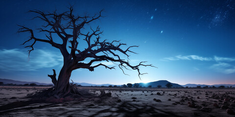 Amazing landscape of a dry tree with milky night sky background 