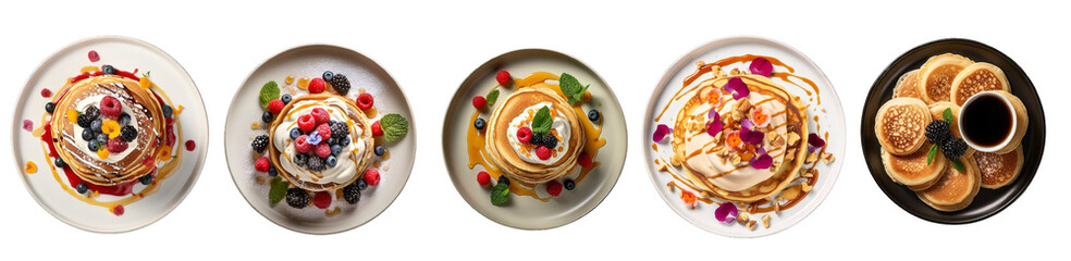 Fresh golden pancakes with cream and chocolate, fruit isolated on transparent background - obrazy, fototapety, plakaty