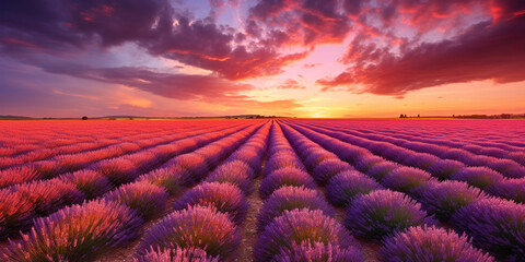 Lavender field with colorful sky background at sunset
