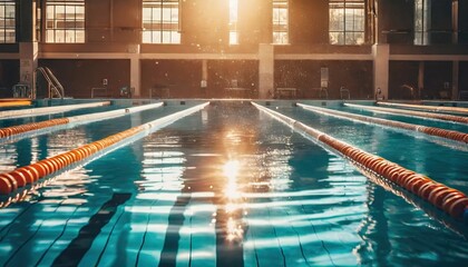 Invigorating Swim. Sparkling Pool with Lanes Ready for Swimmers  - obrazy, fototapety, plakaty