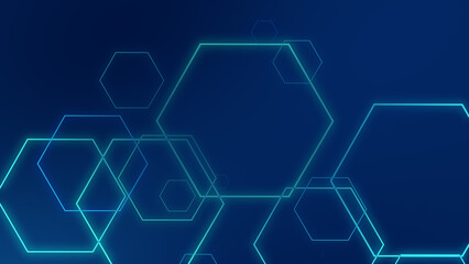 Abstract hexagon geometric blue neon lights technology dark background.