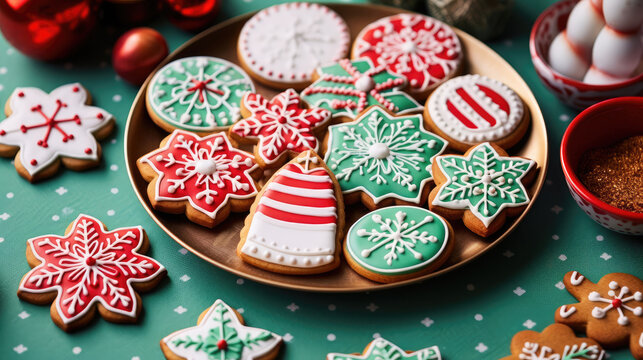 assorted cookies shaped like gingerbread, tree, snowflakes, and house with colored sugar icing on top for Christmas season for kids created with Generative AI technology