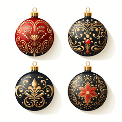 christmas, ball, decoration, holiday, ornament, celebration, xmas, glass, vector, winter, hanging, sphere, gold, season, new, bauble, illustration, color, year, december, red, tree, shiny, set, golden