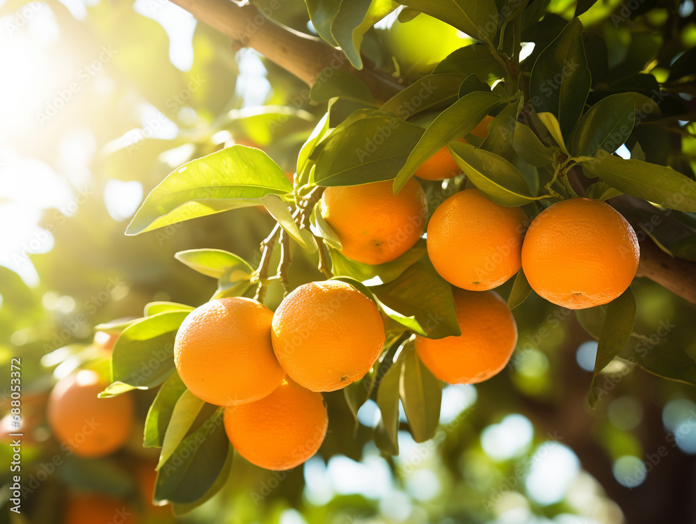 Wall mural close-up of a vibrant orange grove with citrus fruits hanging from the branches. orange farm where t