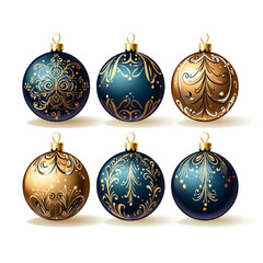 christmas, ball, decoration, holiday, xmas, celebration, ornament, glass, sphere, winter, hanging, new, gold, year, vector, season, isolated, blue, december, set, object, baubles, bauble, red, color