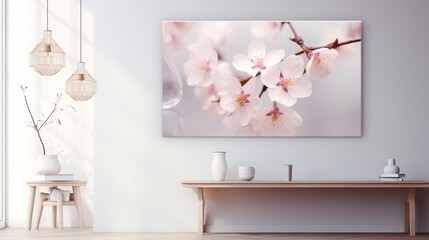 a delicate cherry blossoms gently resting on a pristine white canvas, their soft pink petals creating a serene and ethereal floral art piece that captures the fleeting beauty of nature.