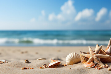 Fototapeta na wymiar Seashells on the sand, summer background with space for text, vacation and travel