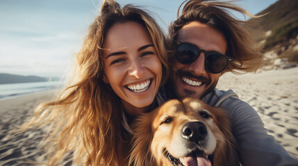 Portrait of happy young couple with their dog on the beach. - obrazy, fototapety, plakaty