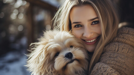 Beautiful young woman with her dog in the winter park. Close-up portrait.