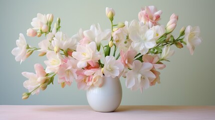 a delicate freesia blooms, their sweet fragrance and pastel hues creating a soft and romantic floral arrangement on a pristine white canvas, evoking a sense of love and tenderness. - obrazy, fototapety, plakaty