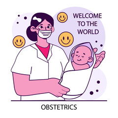 Obstetrician. Childbirth, obstetrics specialist holding a newborn. Female gynecologist, pediatrician or midwife cuddling a baby. Reproductive health. Flat vector illustration