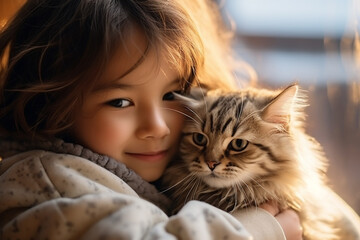 Cute child hugging a cat near window at home.