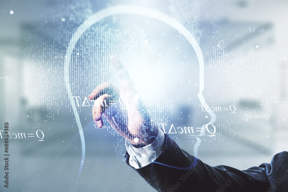 Poster man hand working with abstract virtual artificial intelligence interface with human head hologram on