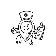 Cute line doodle hospital location pin emoji. Freehand sketch pinpoint. Map address comic emoticon. Smiling funny character