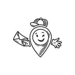 Cute line doodle delivery office location pin emoji. Freehand sketch pinpoint. Map address comic emoticon. Smiling funny character