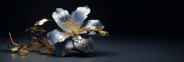 Silber-blaue künstliche Blume mit goldenen Rissen vor schwarzem Hintergrund - Freier Raum - obrazy, fototapety, plakaty