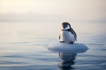 Fototapeta premium Cute little penguin is standing on a piece of ice in the Antarctic Ocean, trying to learn how to swim.