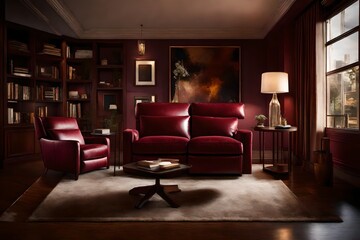 A plush maroon recliner highlighted by warm ambient lighting.