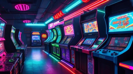 A gaming bar with a room full of vintage arcade video games from the 1990s - obrazy, fototapety, plakaty