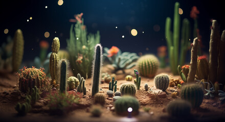 砂漠の夜。サボテンのジオラマ。AI生成画像