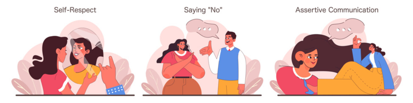 Assertiveness set. A triptych of self-empowerment through self respect, boundary setting, and assertive communication. Encouraging personal growth and confidence. Flat vector illustration