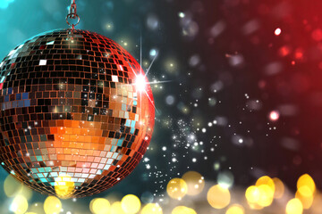 Shiny disco ball on color background with blurred lights, space for text. Bokeh effect