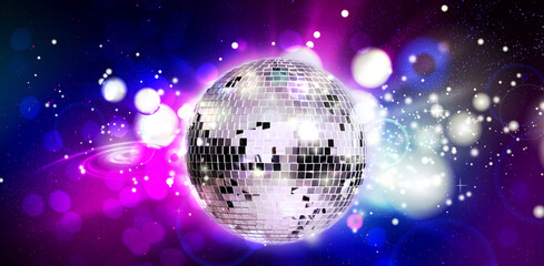 Fototapeta na wymiar Shiny disco ball against color starry background with blurred lights, banner design. Bokeh effect