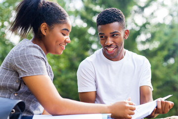 afro american friends sharing knowledge in the university campus at sunny day outdoors in park